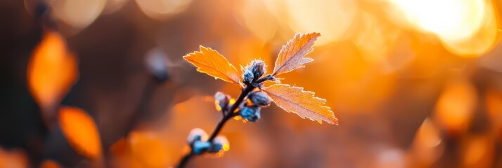 A tight shot of a sunlit leaf on a twig against a backdrop of shady trees
