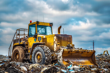 Obraz premium Landfill waste disposal site centre with a bulldozer on the garbage dump clearing rubbish and plastic bags to recycle for the environment pollution management concept, stock illustration image