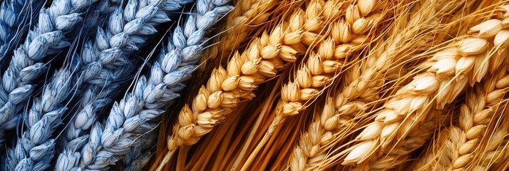  A collection of various wheat types atop a stack of wheat stalks