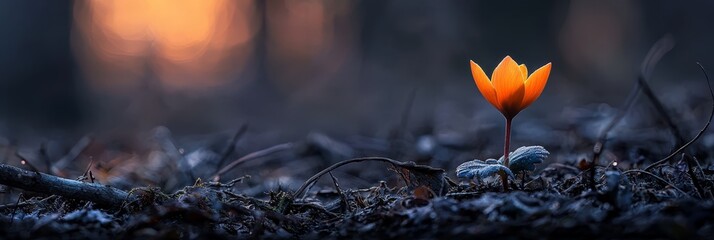  A solitary orange bloom atop a sylvan grass patch amidst a forest's sea of green