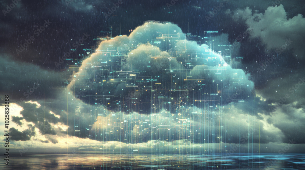 Poster cloud computing is like storing your digital stuff in a giant cloud. imagine the cloud as a square w