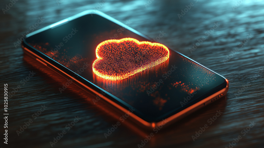Poster a smartphone with a 3d cloud icon above it. this shows how a phone uploads data to the internet for 