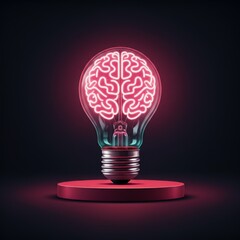 Glowing brain-shaped lightbulb on dark background