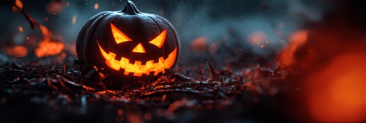  A jack-o-lantern pumpkin sits in the midst of a grassy field at night