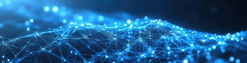 Abstract blue glowing connected lines and dots forming a network structure on a dark background.