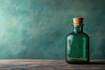 AI generative, Green Glass Bottle with Cork Stopper on Wooden Surface Against a Teal Background