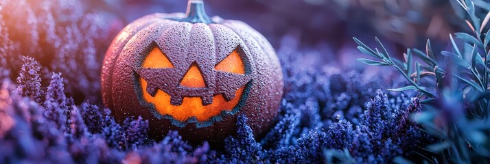 Naklejka premium A jack-o-lantern pumpkin rests in the midst of a lavender field, speckled with water droplets