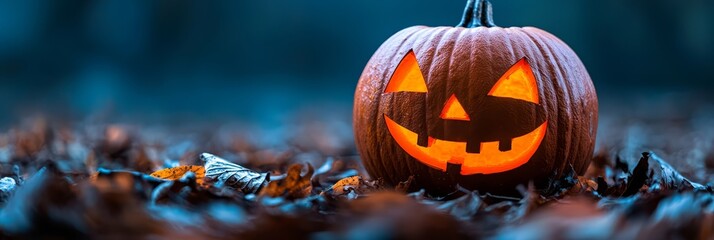 Obraz premium A carved pumpkin, resembling a jack-o'-lantern, sits in the heart of a verdant field Autumn leaves scatter the ground around it