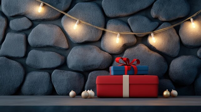 Colorful holiday gifts with decorative lights on a rustic stone background.
