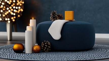 Cozy home decor with candles, ornaments, and a cushion on a textured rug.