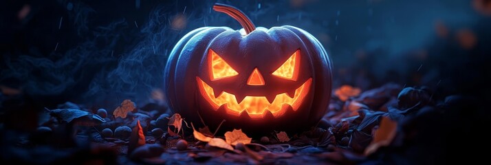 Fototapeta premium A jack-o-lantern pumpkin sits in a pile of leaves, its face aglow with an orange light