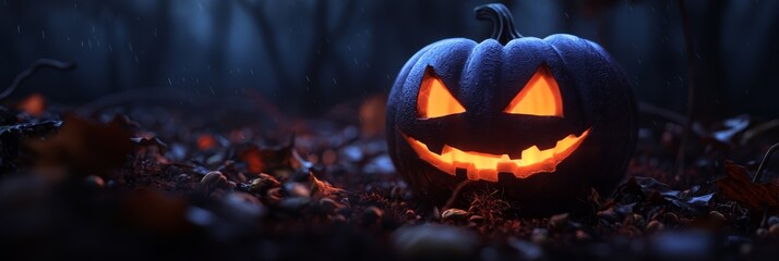  A jack-o-lantern, featuring a frighteningly carved face, sits amidst a sea of autumn leaves in the open field