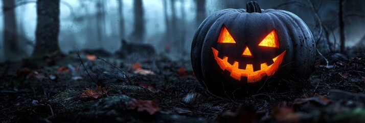  A carved pumpkin, resembling a jack-o-lantern, sits amidst a forest floor overgrown with fallen leaves Trees with outstretched branches form a dense