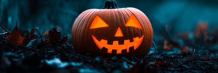 Obraz premium A jack-o-lantern pumpkin sits in the grass, its creepy expression evident through its carved features