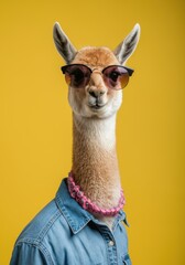 Obraz premium Stylish llama wearing sunglasses denim jacket on yellow background