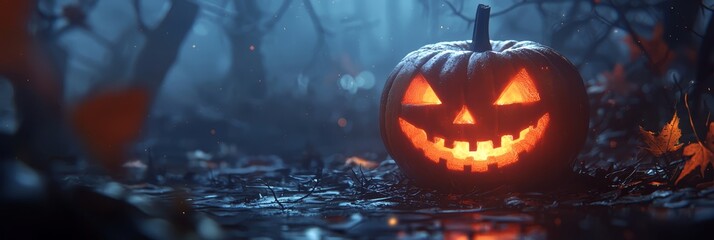 Fototapeta premium A jack-o-lantern in a forest, its face aglow with light