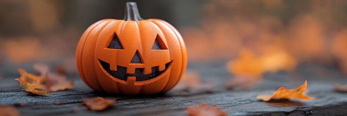  A clearer background reveals a carved jack-o-lantern atop wood, surrounded by autumn leaves