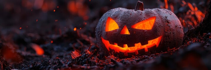  A jack-o-lantern pumpkin glows in the dark, adorned with water droplets on its face and eyes