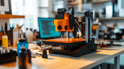 An engineer's desk has a 3D printer. It's used to create prototypes of parts for businesses. The printer has an orange glass cover and is making a plastic model.  There are bottles of resin nearby.