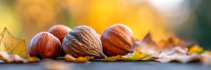  A cluster of nuts arranged atop a mound of leaves and fallen foliage