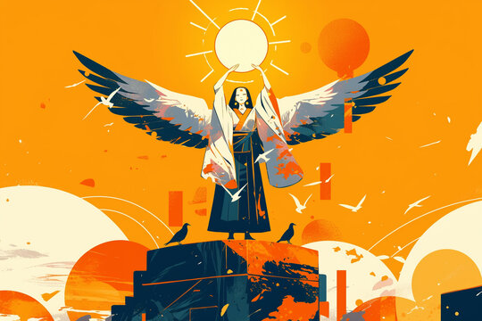 Modern Flat Illustration of Japnese Goddess Holding the Sun &ndash; A Simple Yet Striking Composition that Captures the Mystique and Power of Japanese Mythology