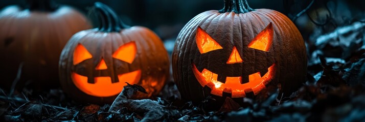  Two jack-o-lanterns carved from pumpkins sit atop a mound of autumn leaves against a backdrop of solid black