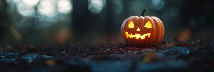  A carved pumpkin, labeled jack-o-lantern, sits centrally in a verdant expanse of grass Trees border the scene in the background