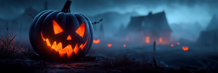  A jack-o-lantern pumpkin glows in a eerie, creepy forest at night