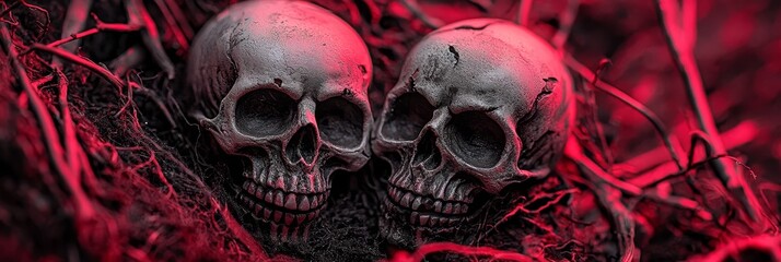  Two skulls atop a sea of dead grass, bathed in red light from above