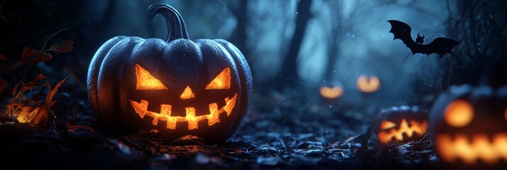Fototapeta premium A dark forest hosts a collection of carved jack-o-lantern pumpkins, accompanied by a pumpkin and bat on the forest floor