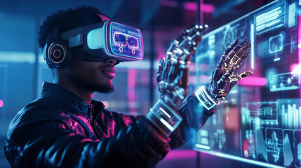 A man wears a VR headset and interacts with a futuristic screen. His hands are replaced by robotic arms, controlled by the virtual reality system.