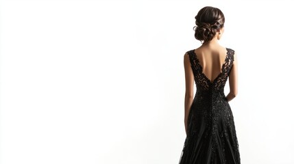 Back view of woman in elegant evening dress, full-body shot on white background. Poised and graceful