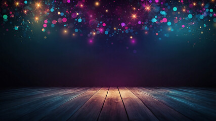 Colorful sparkling bokeh lights on a dark background with a wooden floor in a festive atmosphere.