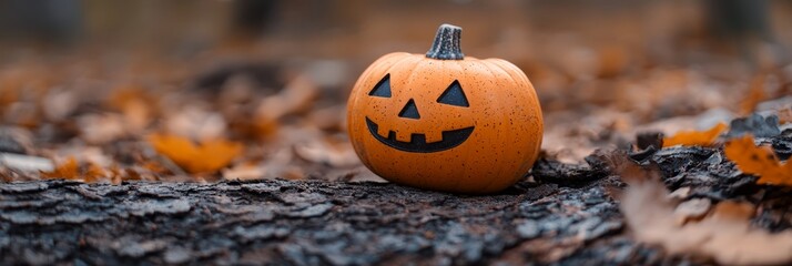  A pumpkin perched atop a tree stump in a sea of falling leaves, grinning