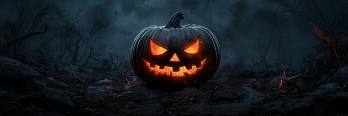  A jack-o-lantern pumpkin illuminates the darkness with its frighteningly carved face