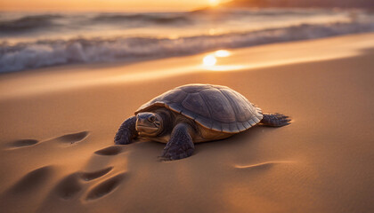 A majestic Caretta Caretta turtle moves slowly across a sandy beach.