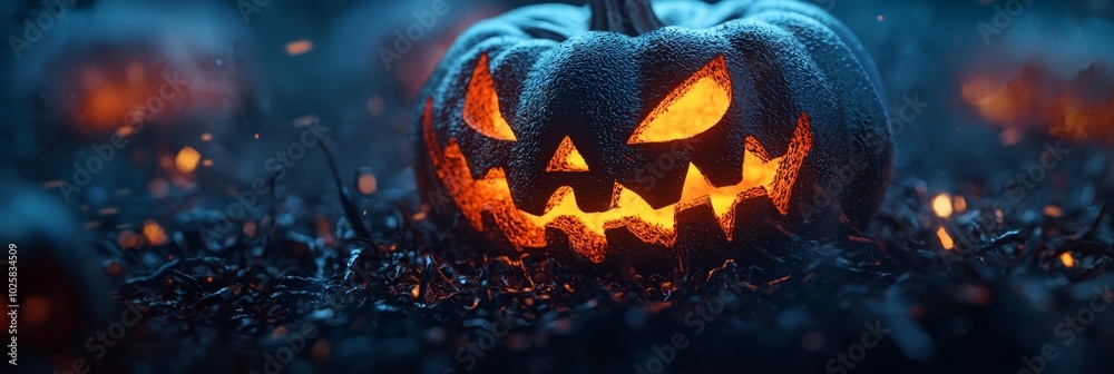 Wall mural  A jack-o-lantern pumpkin glows in the dark, its mouth agape, revealing a glowing cavity on the ground