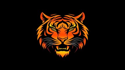 A close-up of a tiger's face with orange and yellow stripes against a black background.