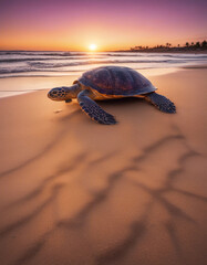 A majestic Caretta Caretta turtle moves slowly across a sandy beach.