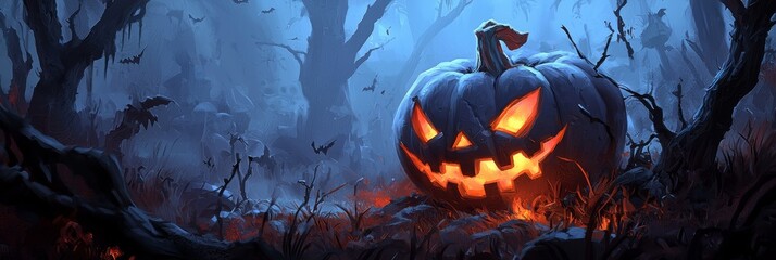  A jack-o-lantern pumpkin in the woods with a terrifying face and glowing eyes