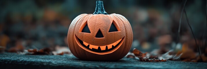  A jack-o-lantern atop a pumpkin rests on the ground, surrounded by an indistinct backdrop of leaves