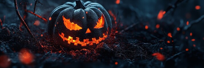 Fototapeta premium A jack-o-lantern pumpkin glows in the dark with open eyes, aglow on the ground