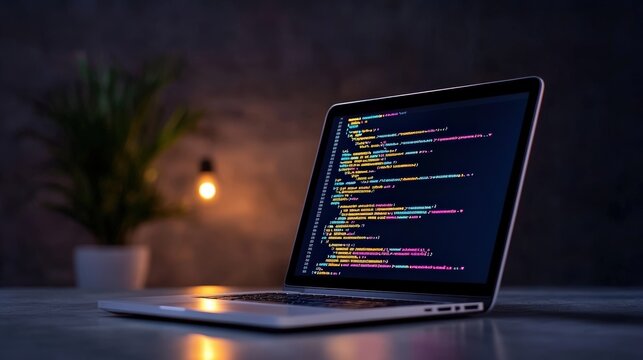 Laptop displaying colorful code on screen, modern workspace atmosphere