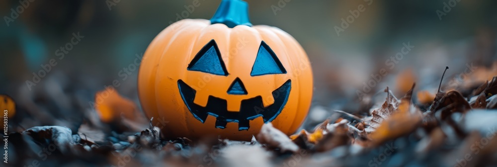 Wall mural  A jack-o-lantern atop a leafy mound in broad daylight