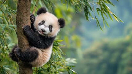 Obraz premium A cute panda cub climbs a tree in a lush green forest, looking at the camera with playful curiosity.