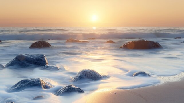 Smooth Ocean Waves Rolling Over Rocks at Sunset