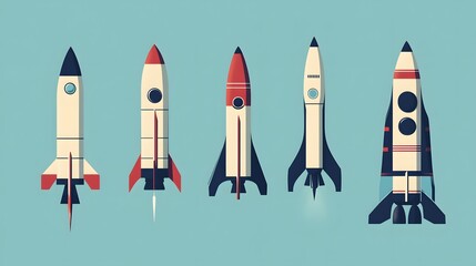 Five Retro-Style Rocket Ships Against a Blue Background