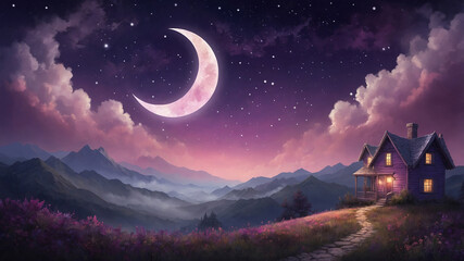 Naklejka premium Enchanting night scene with crescent moon and cozy house under starry sky amidst serene mountains.