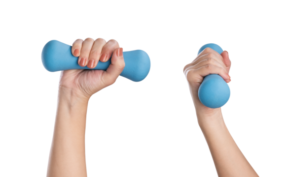 Female hands holding blue dumbbell isolated on white background