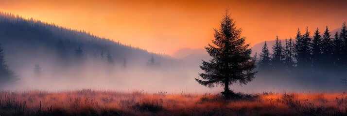 Fototapeta premium A solitary tree stands in the heart of a field filled with tall grasses as the sun sinks behind mountain ranges